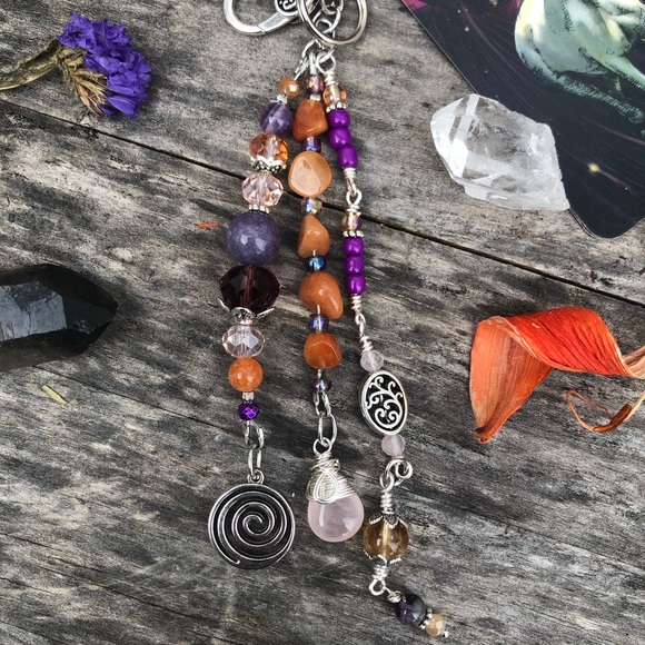 Red Aventurine Rose Quartz Mixed Crystal Gemstone Beaded Purse Charm Keychain - Picture 16 of 17